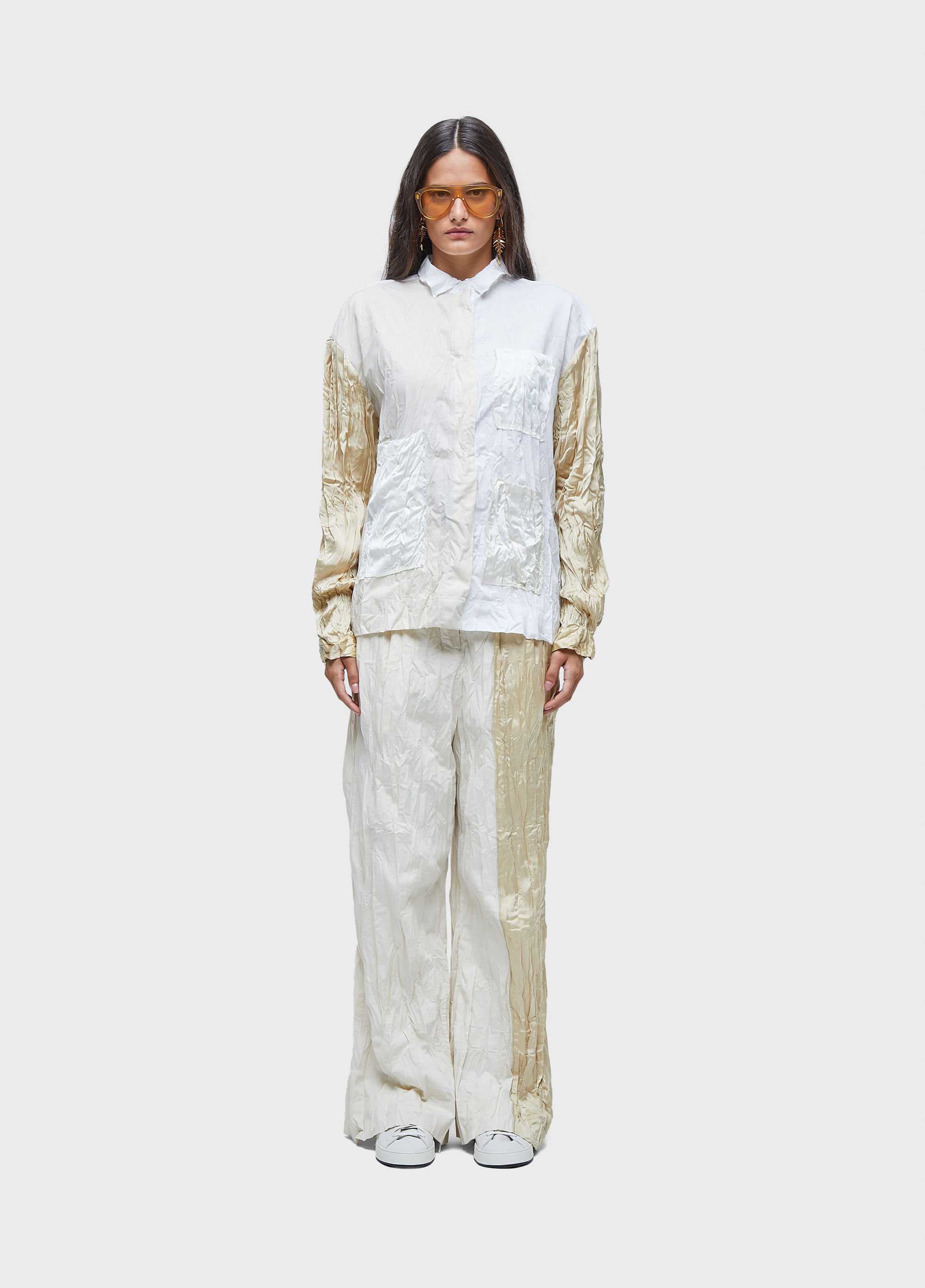 Calça wrinkledd satin + tricoline