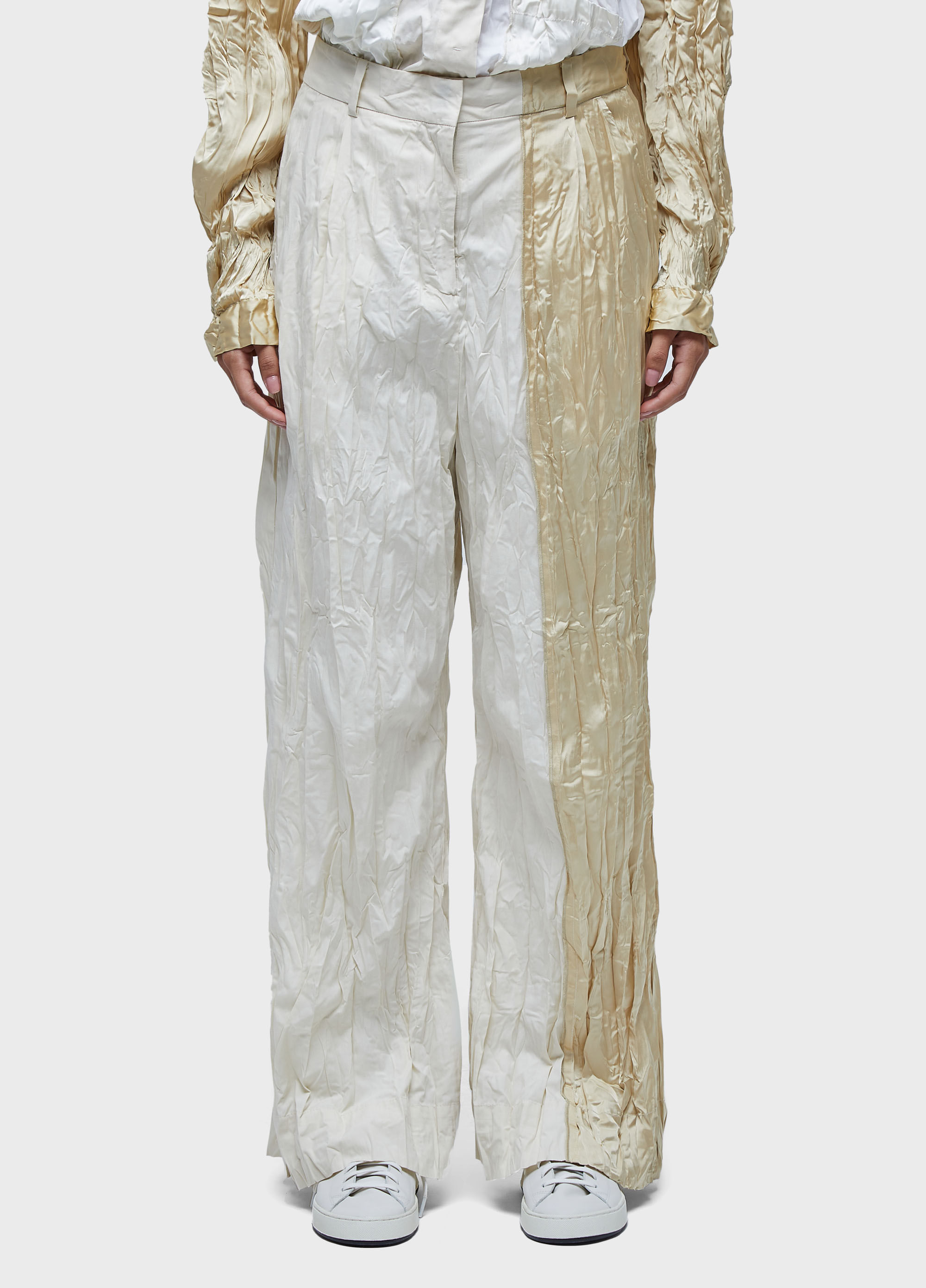 Calça wrinkledd satin + tricoline