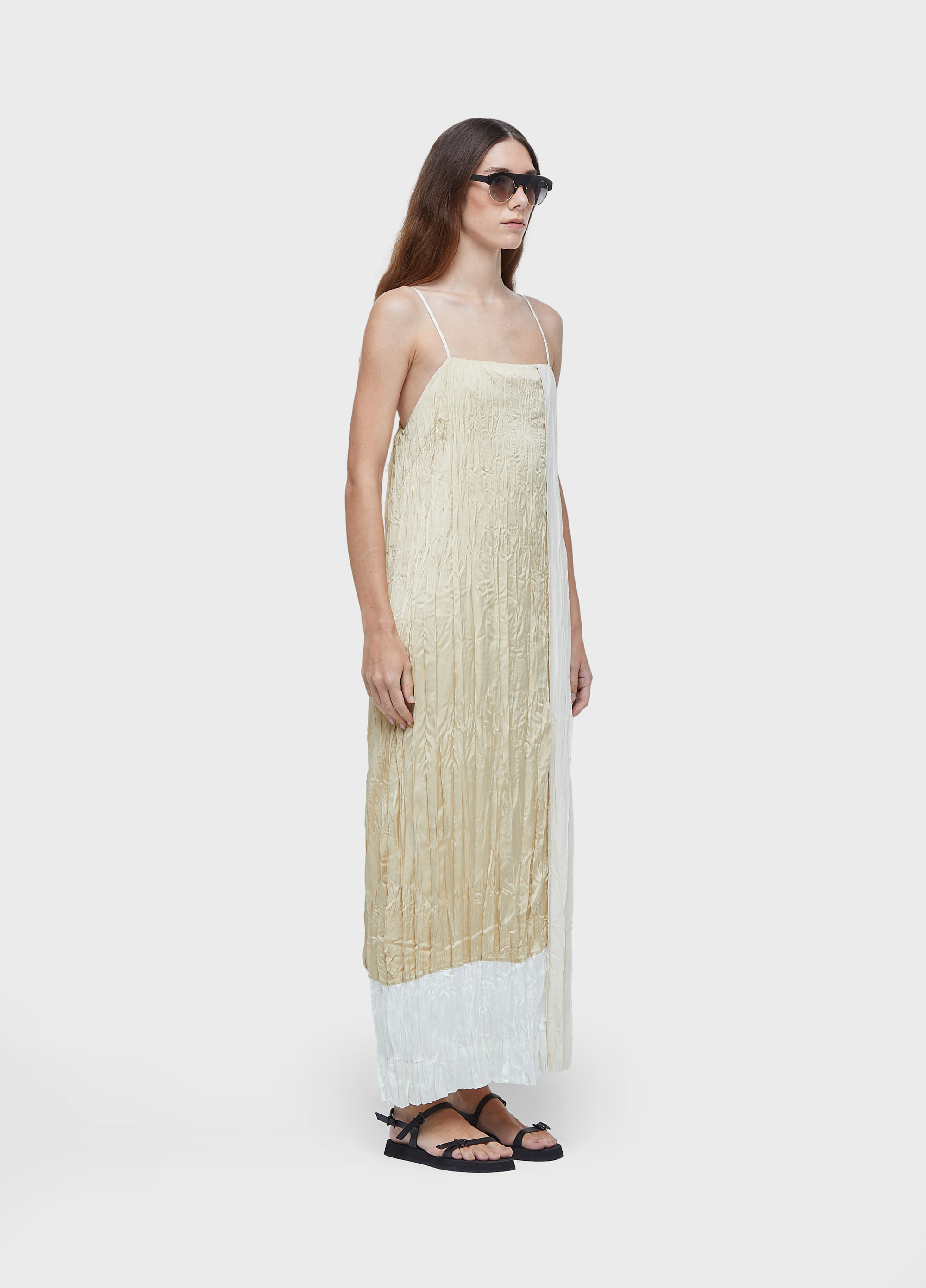Vestido alças wrinkled satin + tricoline