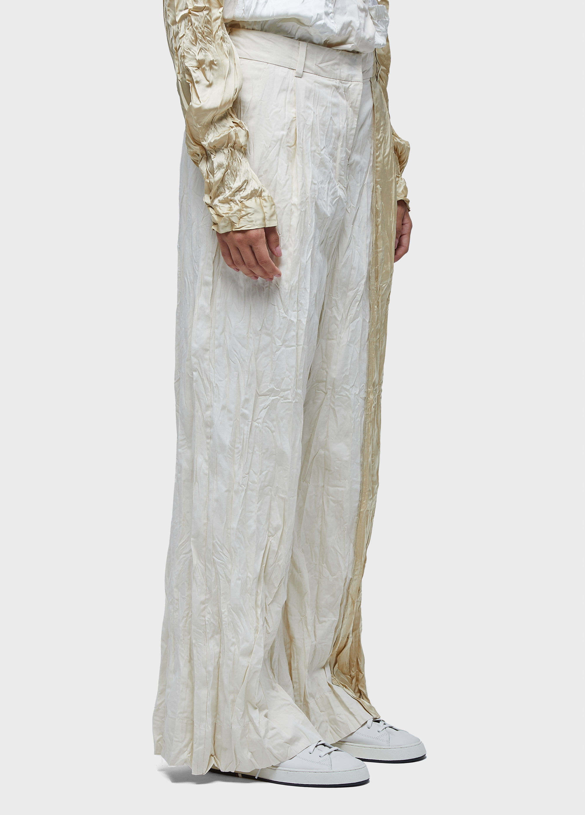 Calça wrinkledd satin + tricoline