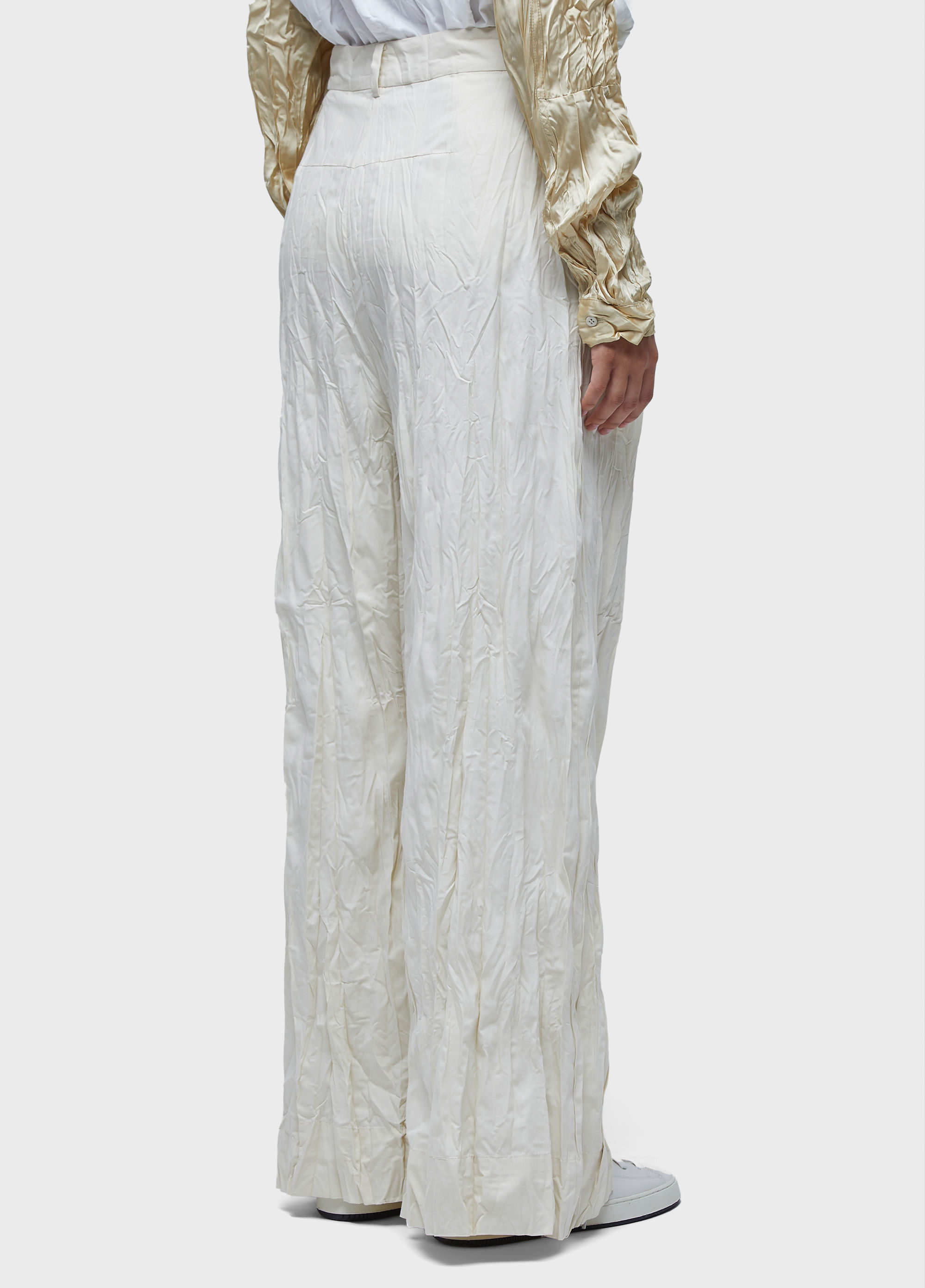 Calça wrinkledd satin + tricoline