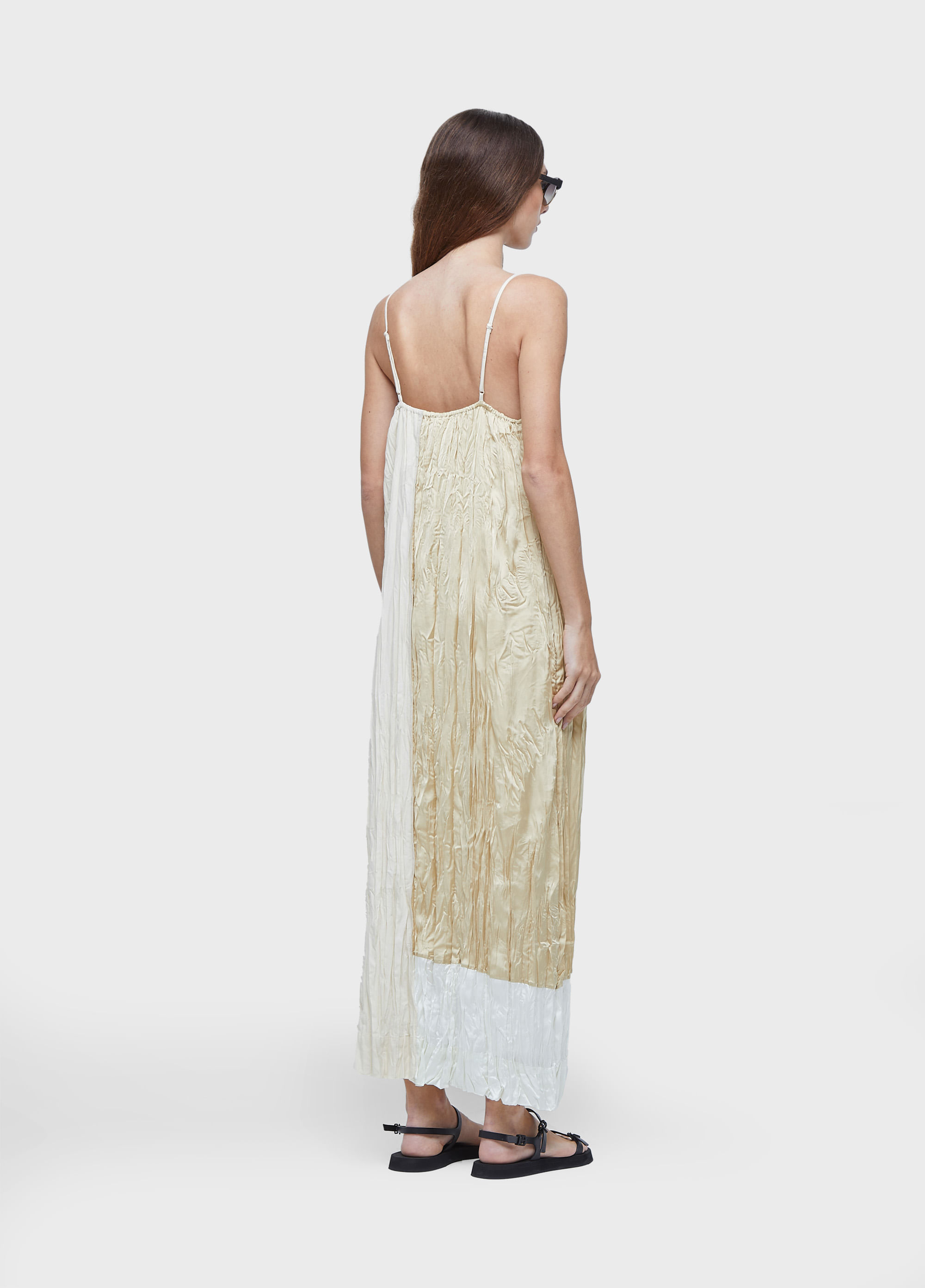 Vestido alças wrinkled satin + tricoline