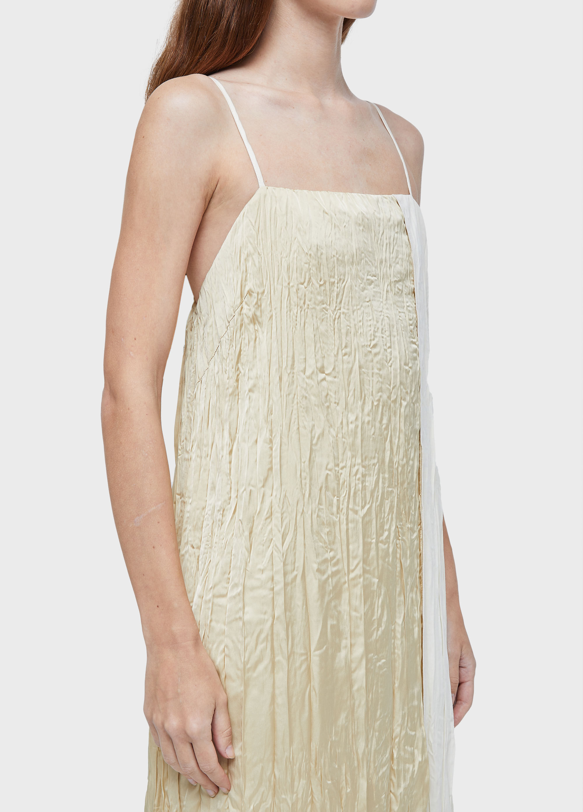 Vestido alças wrinkled satin + tricoline