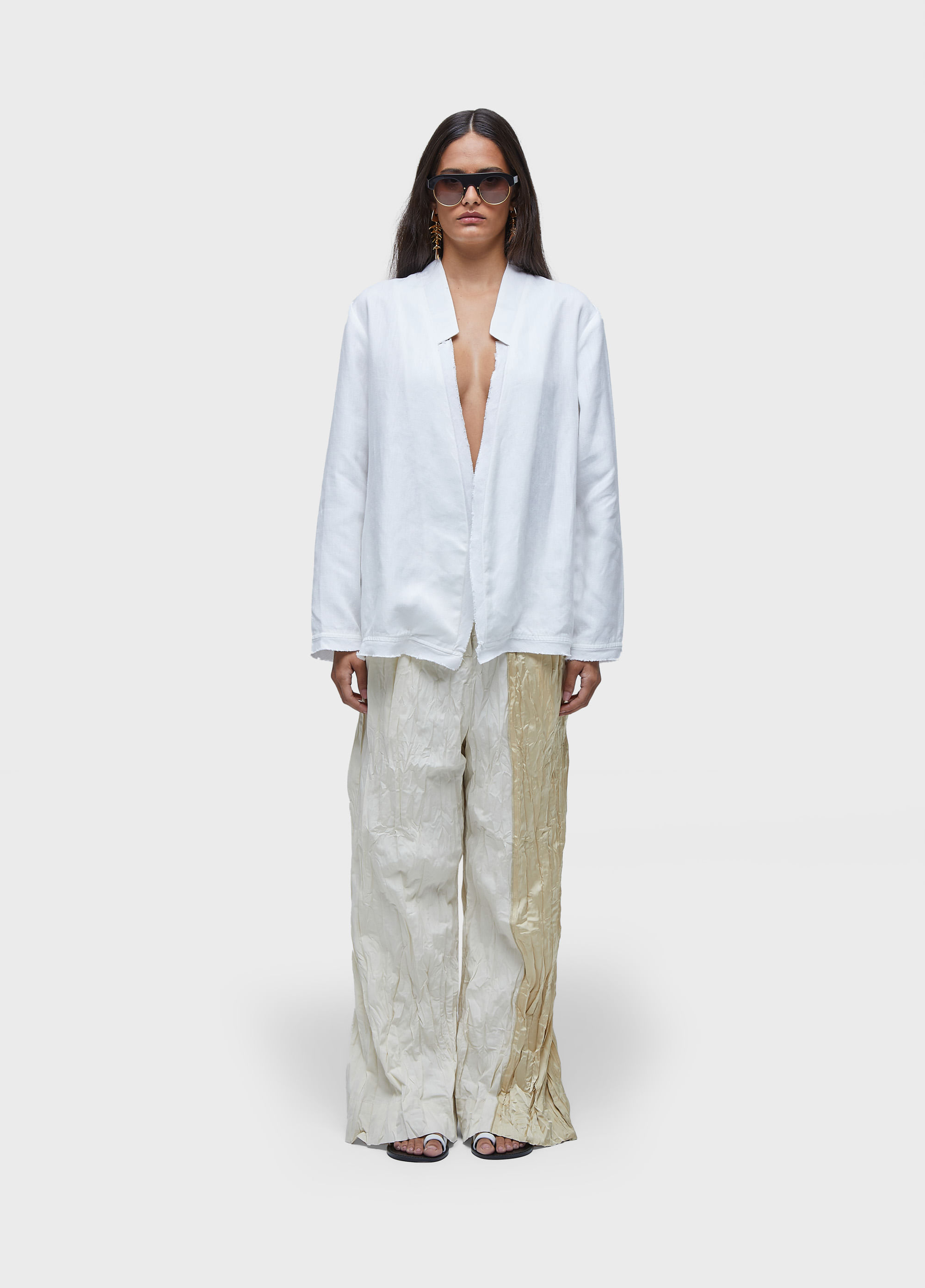Calça wrinkledd satin + tricoline