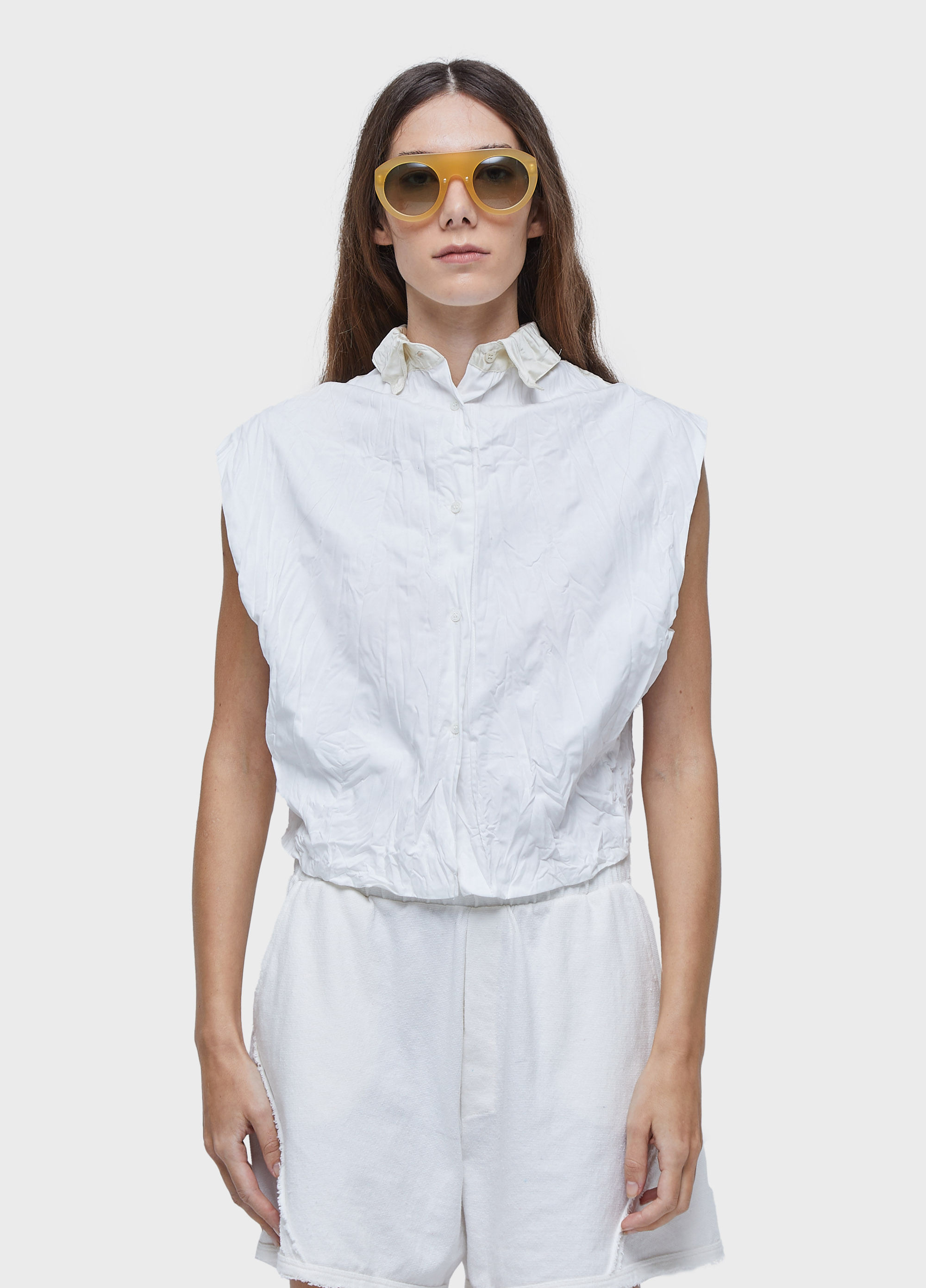 Camisa sleeveless wrinkled satin + trico