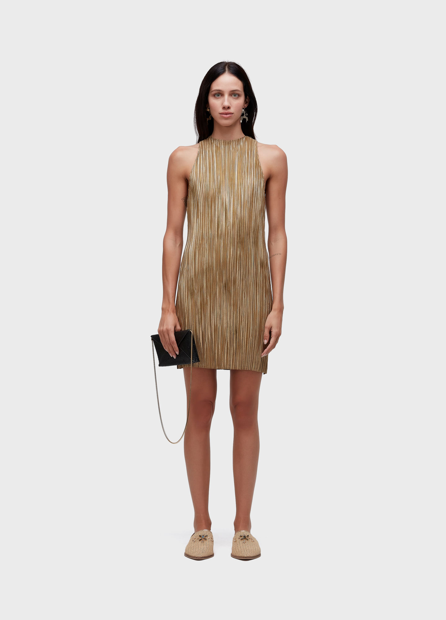 Vestido raglan curto plissado gold