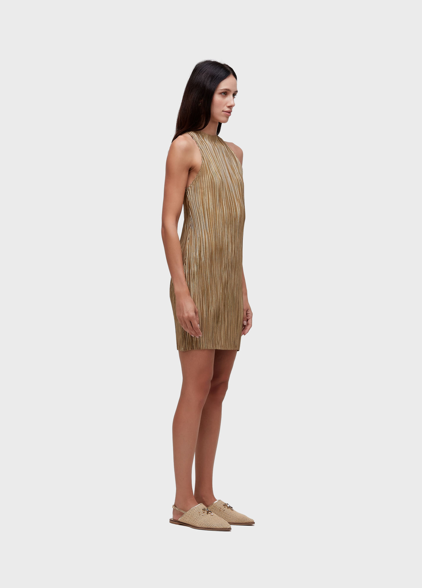 Vestido raglan curto plissado gold