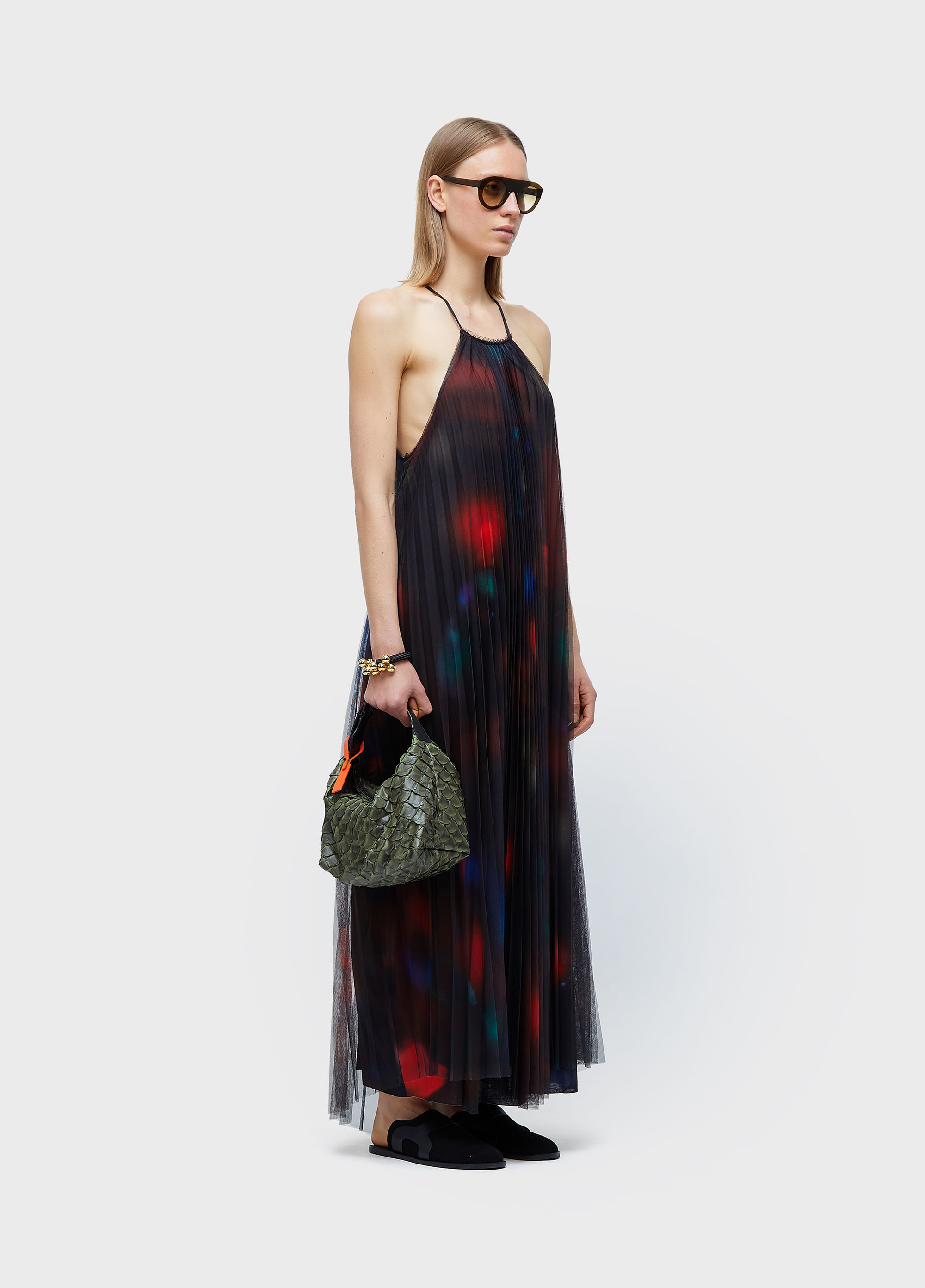 Vestido longo tule plissado rose blur