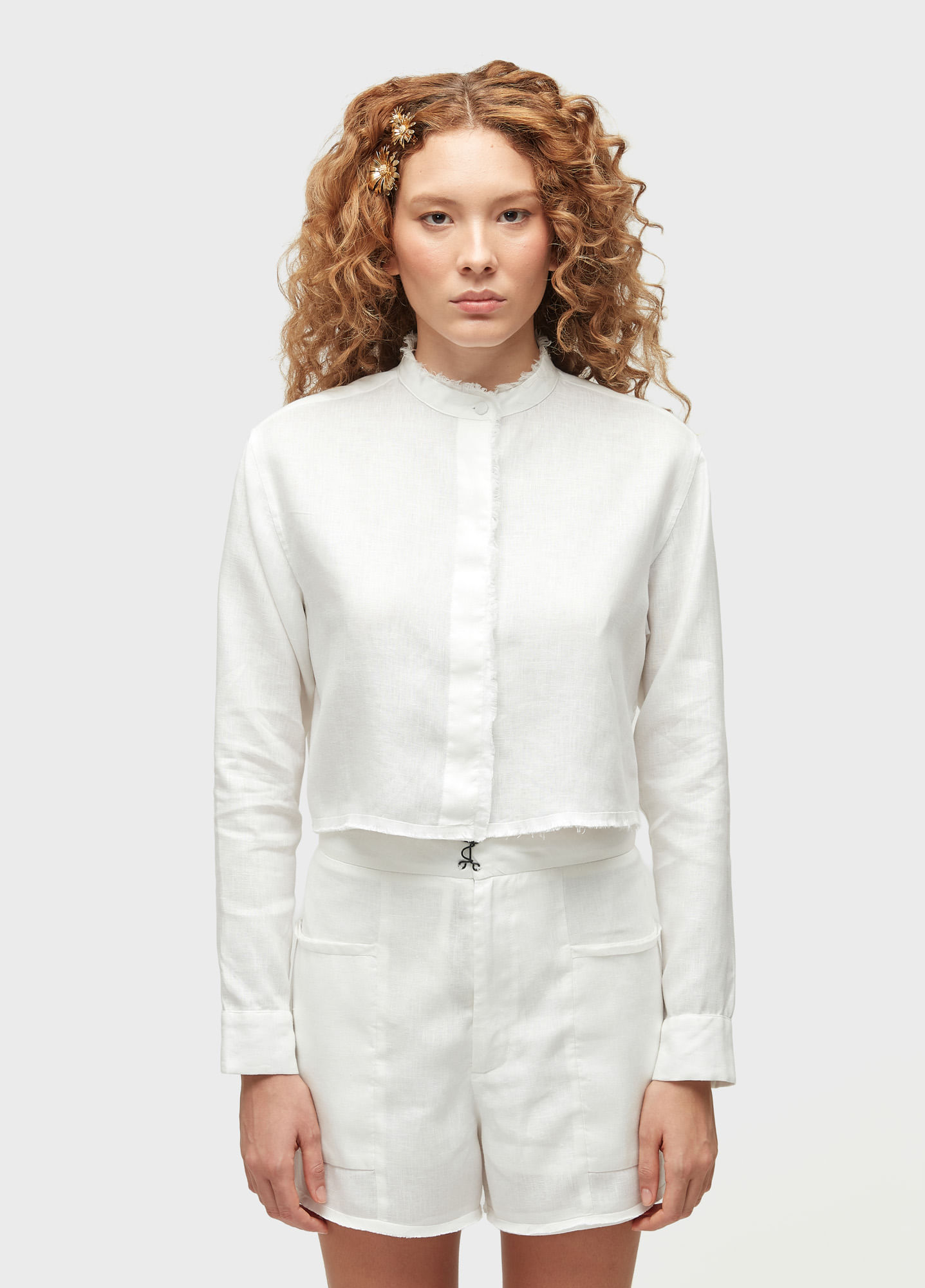 Camisa curta desfiado linen